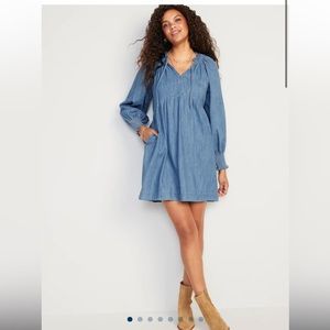 Puff-Sleeve Non-Stretch Jean Mini Poet Swing Dress